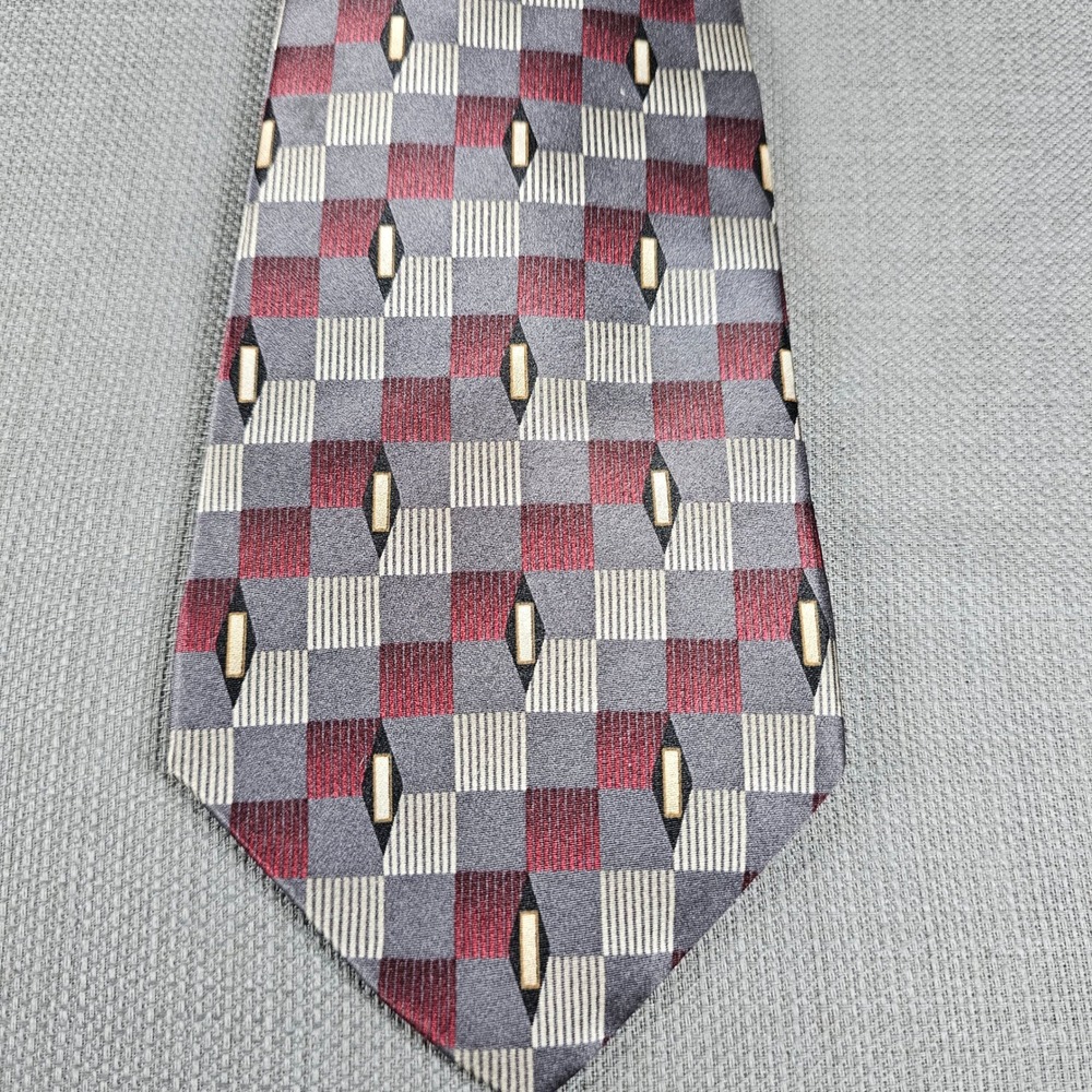 John Henry Mens Silk Tie Grey Burgundy Red Geometric Checkered Made in USA